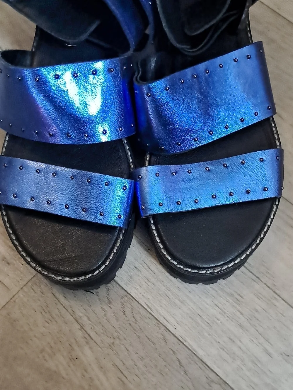 ASOS Metallic Blue Leather Studded Sandals Size 3 Statement Shoes Chunky 80's